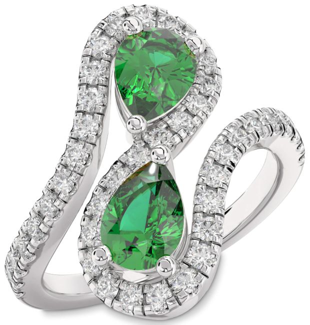 Diamond Emerald Silver Pear Two Stone Pave Birthstone Ring