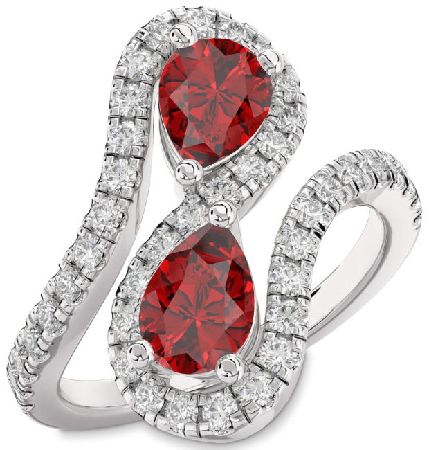Diamond Ruby Silver Pear Two Stone Pave Birthstone Ring