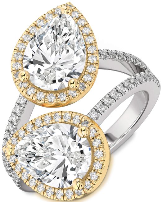 Diamond Silver & 10K gold Pear Two Stone Pave Ring