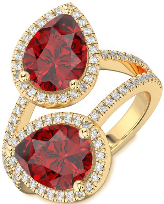 Diamond Ruby Gold Pear Two Stone Pave Birthstone Ring