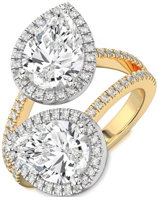 Diamond White Yellow Gold Pear Two Stone Pave Ring