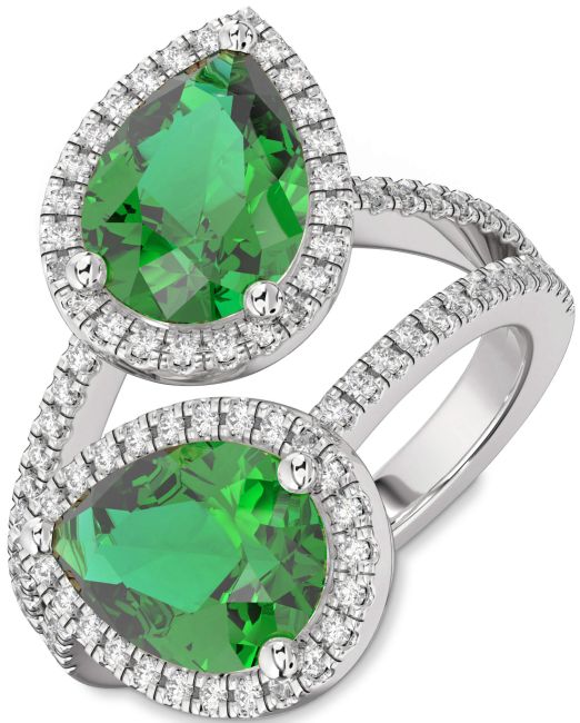 Diamond Emerald Silver Pear Two Stone Pave Birthstone Ring
