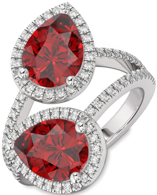 Diamond Ruby Silver Pear Two Stone Pave Birthstone Ring