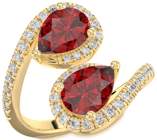 Diamond Ruby Gold Silver Pear Two Stone Pave Birthstone Ring
