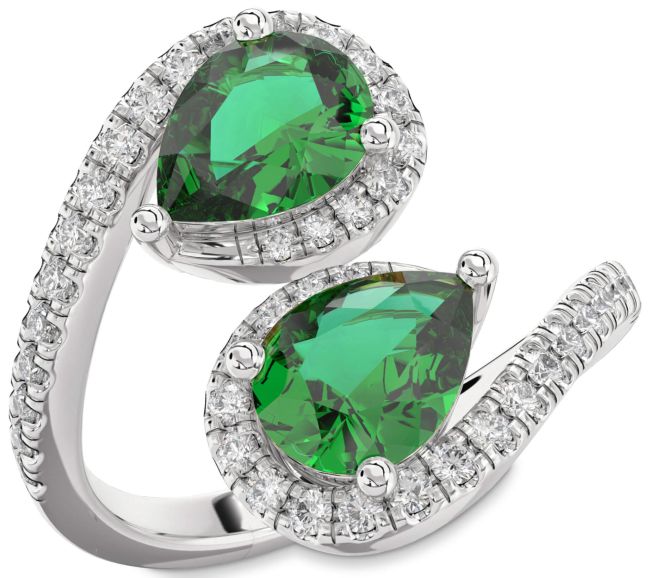 Diamond Emerald Silver Pear Two Stone Pave Birthstone Ring