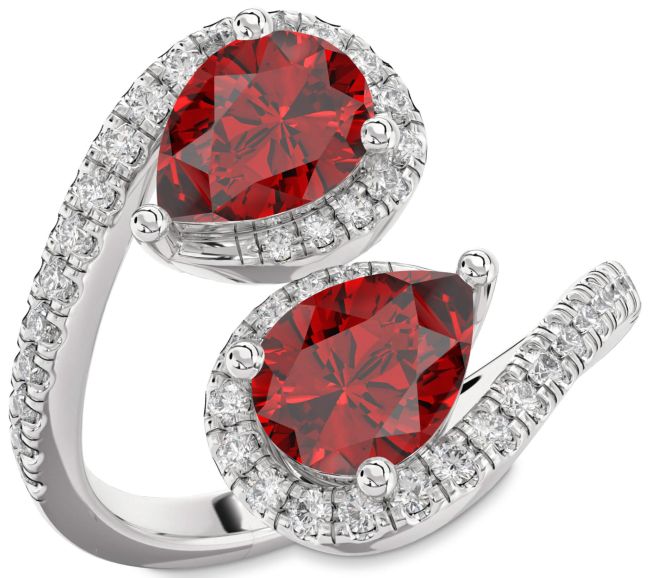 Diamond Ruby Silver Pear Two Stone Pave Birthstone Ring