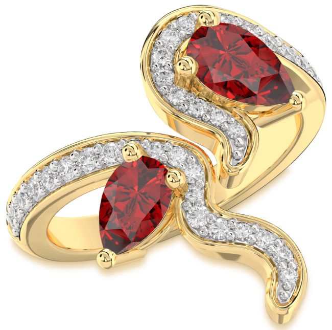 Diamond Ruby Gold Pear Two Stone Pave Birthstone Ring