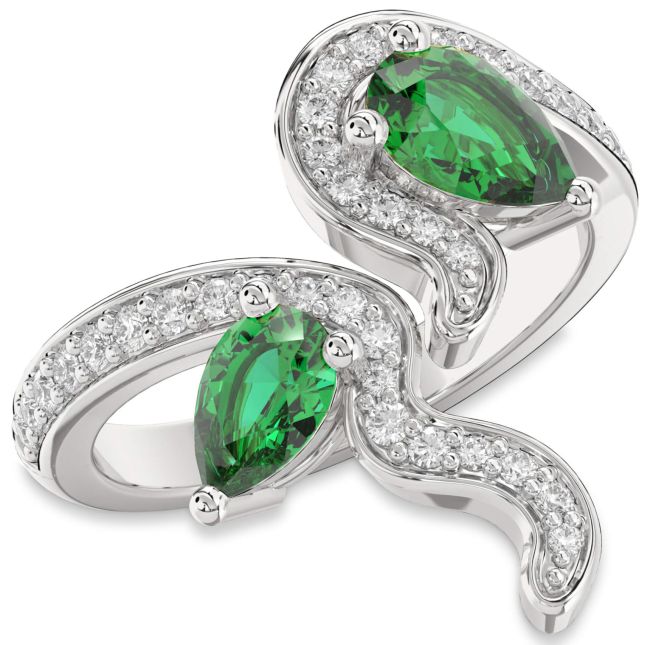 Diamond Emerald Silver Pear Two Stone Pave Birthstone Ring