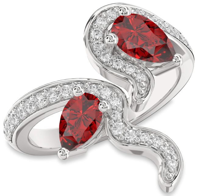Diamond Ruby Silver Pear Two Stone Pave Birthstone Ring