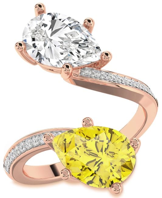 Diamond Rose Gold Silver Pear Two Stone Pave Promise Ring