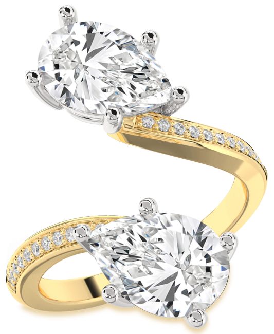 Diamond White Yellow Gold Pear Two Stone Pave Ring