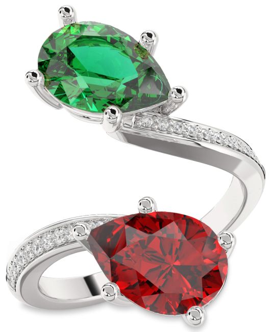 Diamond Silver Pear Two Stone Pave Promise Ring