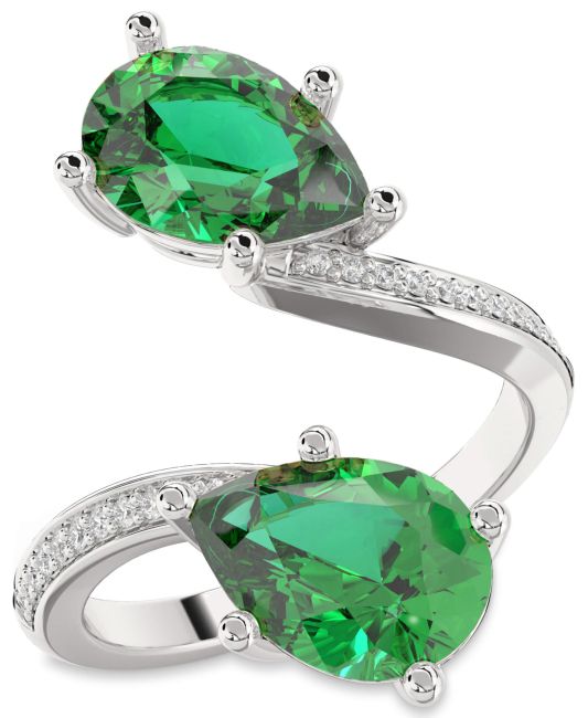 Diamond Emerald Silver Pear Two Stone Pave Birthstone Ring
