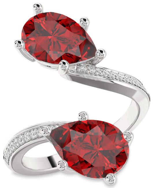 Diamond Ruby Silver Pear Two Stone Pave Birthstone Ring