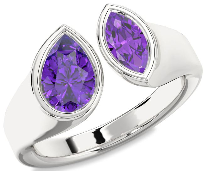 Amethyst Silver Pear Two Stone Birthstone Ring