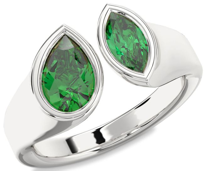 Emerald Silver Pear Two Stone Birthstone Ring