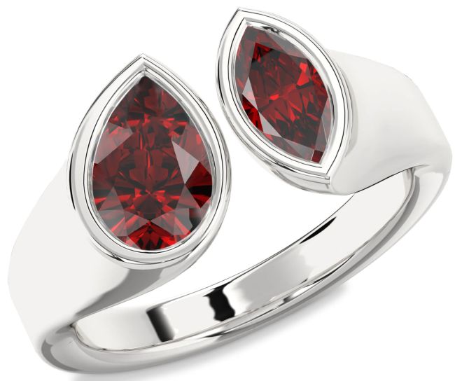 Garnet Silver Pear Two Stone Birthstone Ring