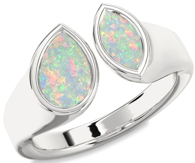 Opal Silver Pear Two Stone Birthstone Ring