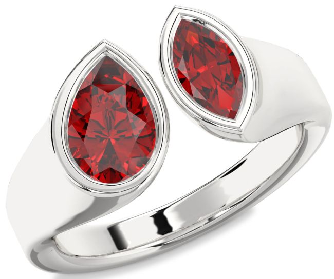 Ruby Silver Pear Two Stone Birthstone Ring