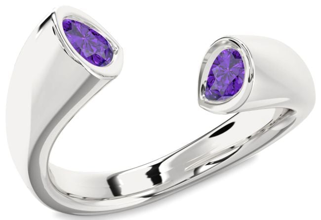 Amethyst Silver Pear Two Stone Birthstone Ring