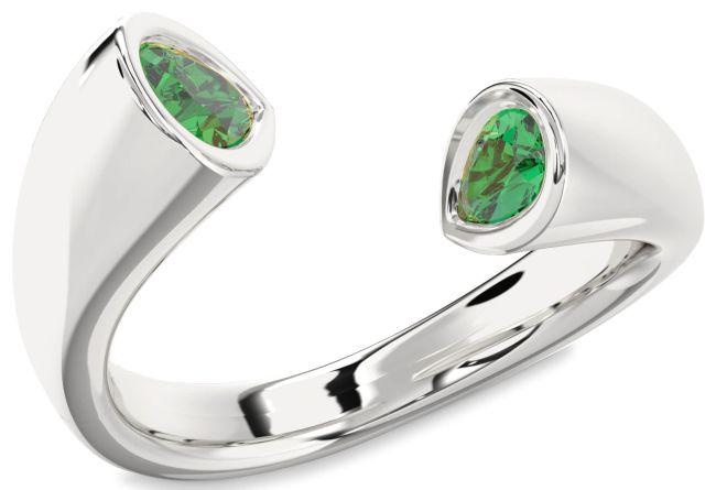 Emerald Silver Pear Two Stone Birthstone Ring