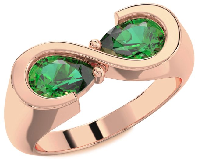 Emerald Rose Gold Silver Infinity Pear Two Stone Birthstone Ring
