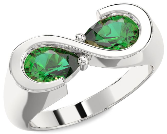Emerald Silver Infinity Pear Two Stone Birthstone Ring