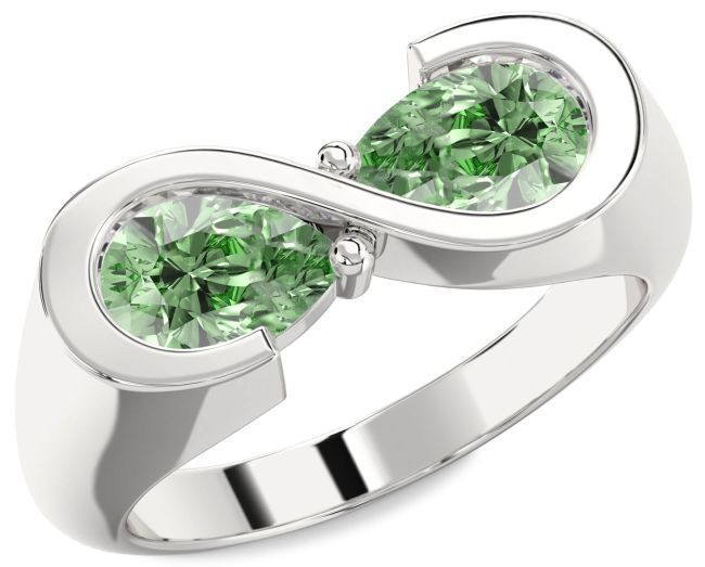Green Diamond Silver Infinity Pear Two Stone Ring