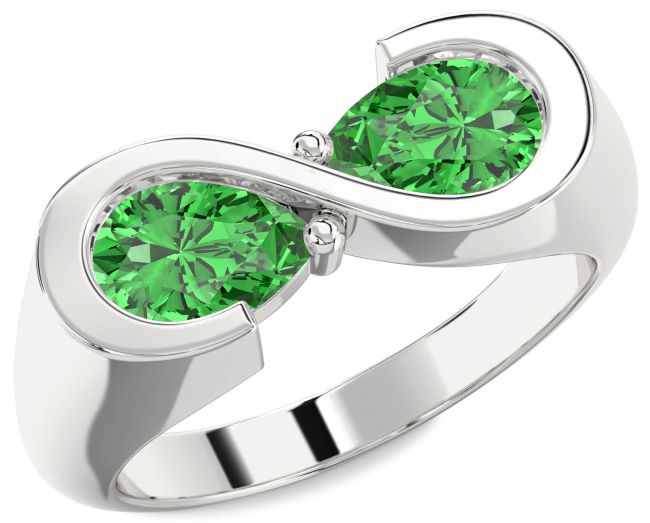 Green Sapphire Silver Infinity Pear Two Stone Ring