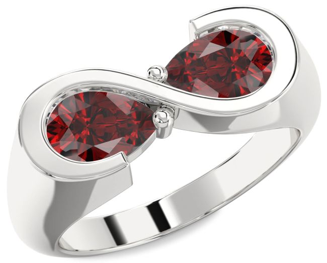 Garnet Silver Infinity Pear Two Stone Birthstone Ring