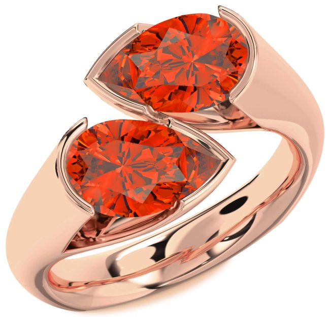 Fire Opal Rose Gold Silver Pear Two Stone Ring