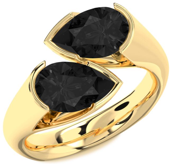 Black Diamond Gold Silver Pear Two Stone Ring