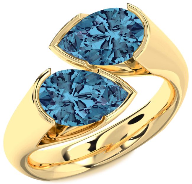 Blue Diamond Gold Silver Pear Two Stone Ring