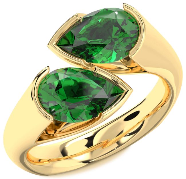 Emerald Gold Pear Two Stone Birthstone Ring