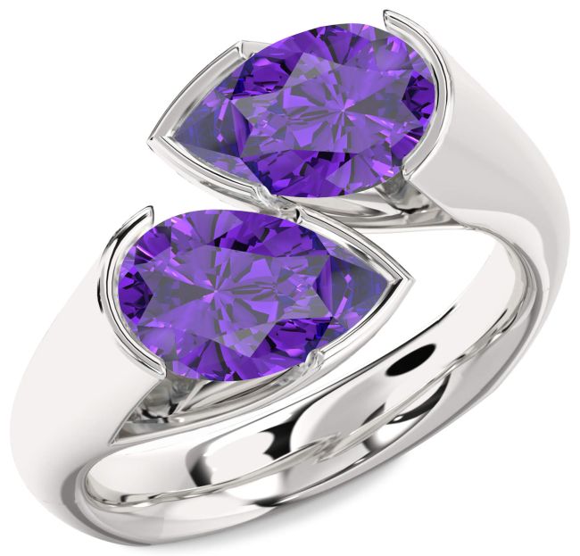 Amethyst Silver Pear Two Stone Birthstone Ring
