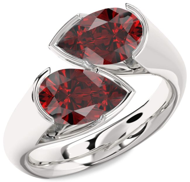 Garnet Silver Pear Two Stone Birthstone Ring