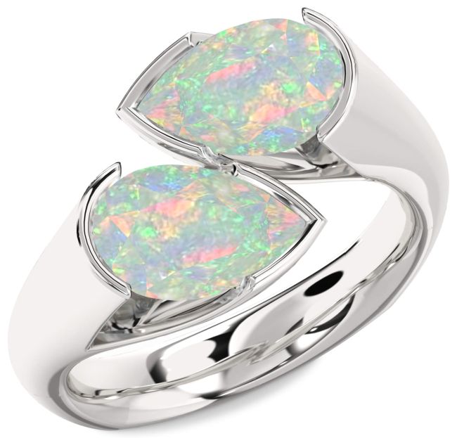 Opal Silver Pear Two Stone Birthstone Ring