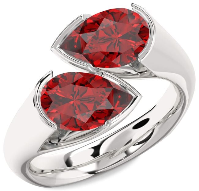 Ruby Silver Pear Two Stone Birthstone Ring