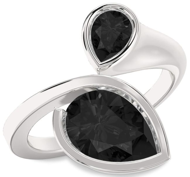 Black Diamond Silver Pear Two Stone Ring
