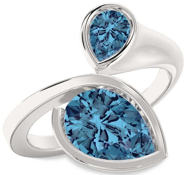 Blue Diamond Silver Pear Two Stone Ring