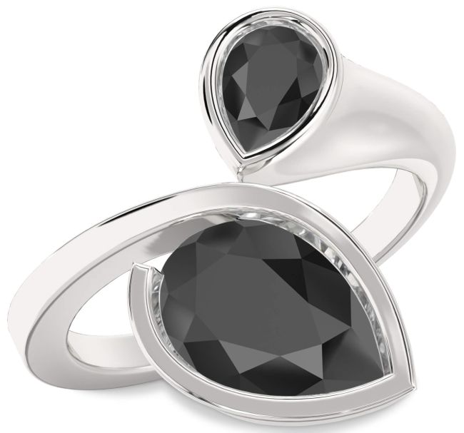 Black Onyx Silver Pear Two Stone Ring