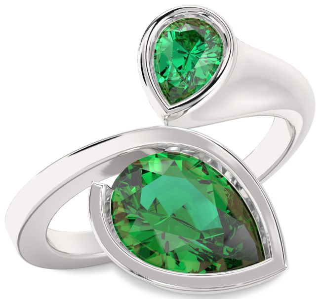 Emerald Silver Pear Two Stone Birthstone Ring
