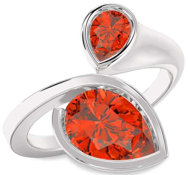 Fire Opal Silver Pear Two Stone Ring