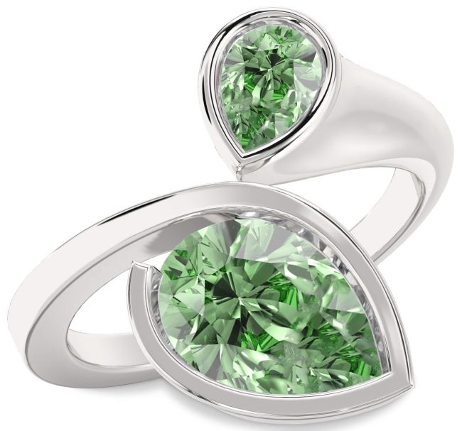Green Diamond Silver Pear Two Stone Ring