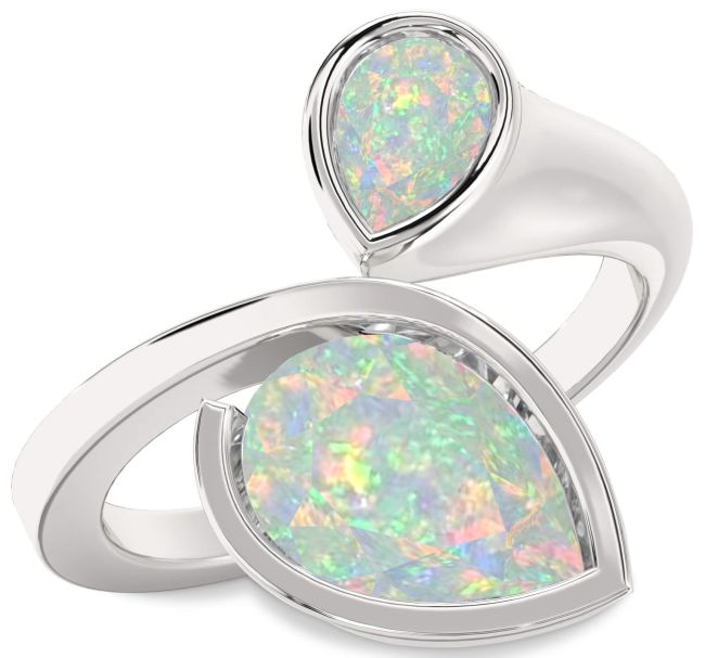 Opal Silver Pear Two Stone Birthstone Ring