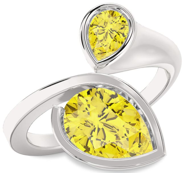 Yellow Diamond Silver Pear Two Stone Ring