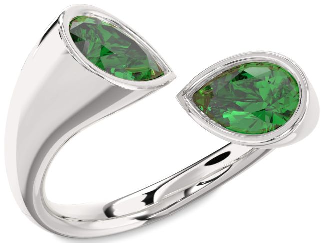 Emerald Silver Pear Two Stone Birthstone Ring