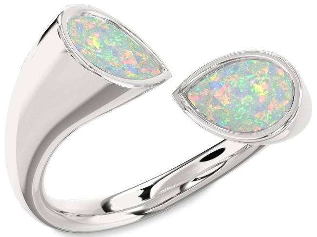 Opal Silver Pear Two Stone Birthstone Ring