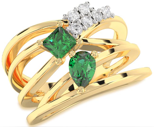 Diamond Emerald Gold Pear Three Stone Birthstone Ring