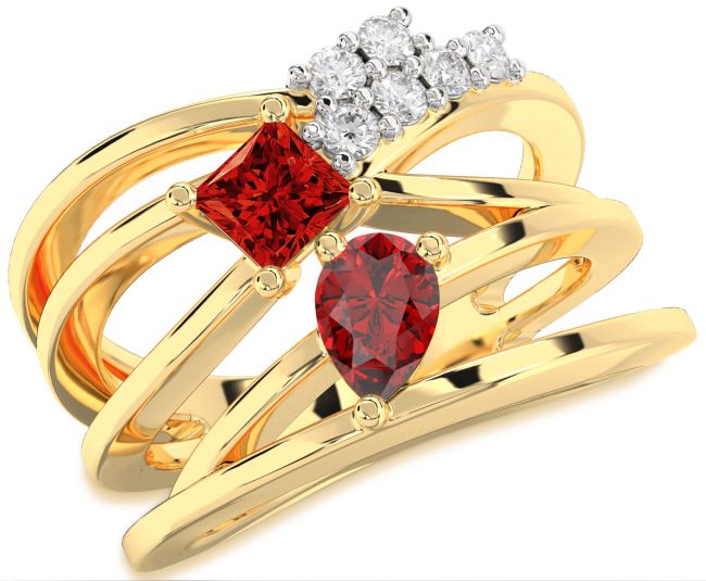 Diamond Ruby Gold Silver Pear Three Stone Birthstone Ring